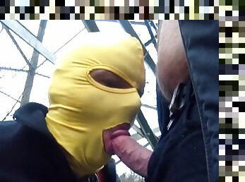 Subordinate tied up on the street, sucking my cock