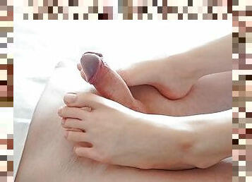 The most gentle, soft and sensual footjob, a cute classmate jerks off my dick with her feet