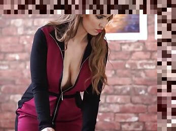 Corporate babe in a low cut dress flashes those tits