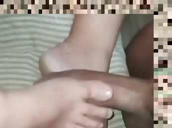 Theos giant dick is the size of Lilys foot, getting her pussy ready