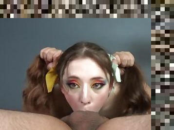 Use My Pigtails for an Amazing Blowjob! Handlebar Deepthroat! VISIBLE CUMSHOT & LEGLOCK THROATPIE