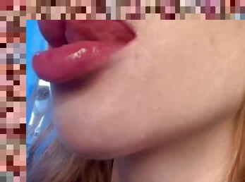 bitch sucking dildo close up big lips spit