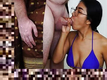 Asian in bikini with cum sucks cock with glasses