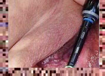 Chubby Hubby use cum as lub outdoor with toothbrush on his bbw wife