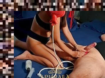 Sensual femdom making her sub to take huge enema and finish him with handjob