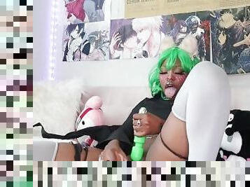 Petite ebony cosplayer cums doing Ahegao