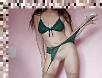 Green Lingerie Striptease & Fingering Myself