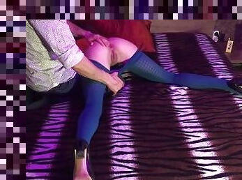 Massage for pretty student in blue pantyhose turns into anal sex with cumshot on tits