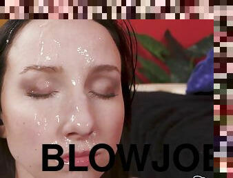 Finger Blasting for Brunette slut showered in facial - Blowjob
