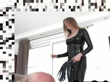 Whipping BDSM domina smothers sub with her latex pussy