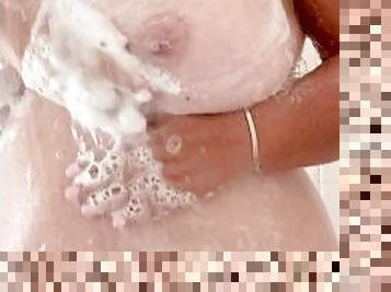 Shower teaser with fat girl and huge soapy natural tits