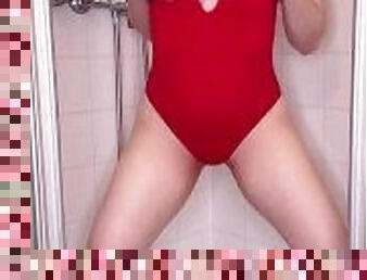 Shower pee through red bathsuit