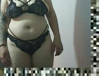 Stepmom with amazing big tits in black lingerie caught on camera
