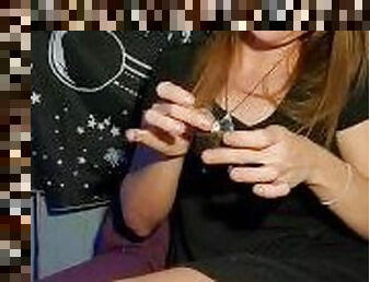 420 smoking time in a Little black dress. Natural redhead