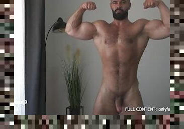 Big sweaty strong muscular hunk jerking his hard cock for a nice cumshot