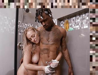 Black hunk demolishes her mature pussy in energized shower XXX
