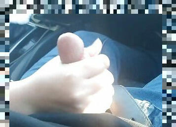 Sneaky handjob in the car, almost got caught