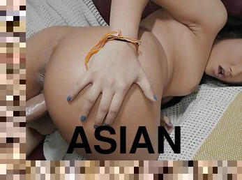 Alona Bloom sits her Asian pussy down on lover's cock
