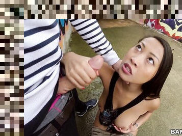 Asian goddess handles heavy dong in superb public XXX