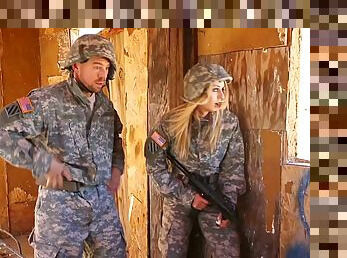 Blonde babe in military uniform gets fucked hardcore by her colleague