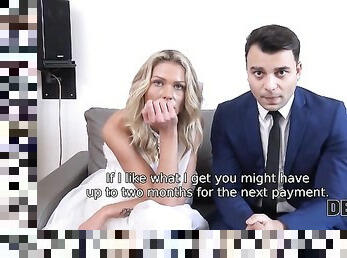 DEBT4k. Curly blonde is enjoying sex while cuckold groom is watching